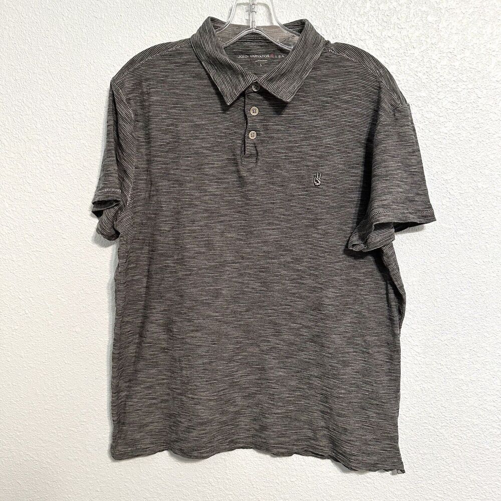 John Varvatos Polo Shirt Mens XL Black Stripe Short Sleeve Peace Sign Logo